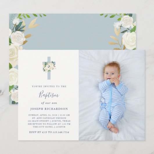 Blauw kruis en witte bloemen | Foto Jongen Baptism Kaart (Voorkant / Achterkant)