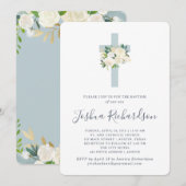 Blauw kruis en witte bloemen | Jongen Baptisme Kaart (Voorkant / Achterkant)
