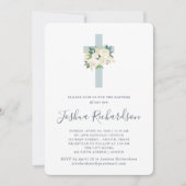 Blauw kruis en witte bloemen | Jongen Baptisme Kaart (Voorkant)