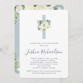 Blauw kruis en witte bloemen | Jongen Baptisme Kaart