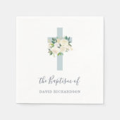 Blauw kruis en witte bloemen | jongensdoop servet (Voorkant)