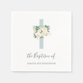 Blauw kruis en witte bloemen | jongensdoop servet