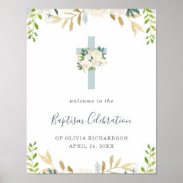 Blauw kruis en witte bloemen | Welkom Baptism Poster