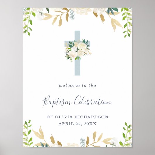 Blauw kruis en witte bloemen | Welkom Baptism Poster (Voorkant)