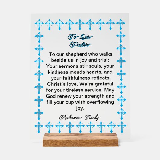 Blauw Kruis Frame Pastor Waardering Acrylic Bord (Voorkant)