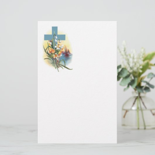 Blauw kruis met bloemen en boten briefpapier (Staand voorkant)