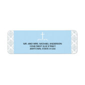 Blauw kruis met damast patroon etiket (Voorkant)