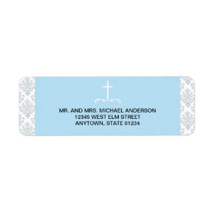 Blauw kruis met damast patroon etiket