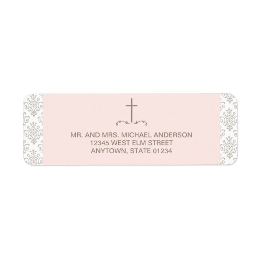 Blauw kruis met damast patroon etiket (Voorkant)