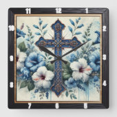 Blauw Kruis Witte Hibiscus Vierkante Klok (Voorkant)