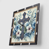Blauw Kruis Witte Hibiscus Vierkante Klok (Hoek)