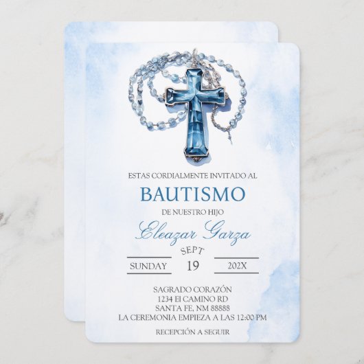 Blauw Kruisbeeld doop in het Spaans Uitnodiging (Voorkant / Achterkant)