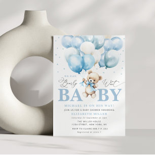 Blauw kunnen we wachten baby shower kaart