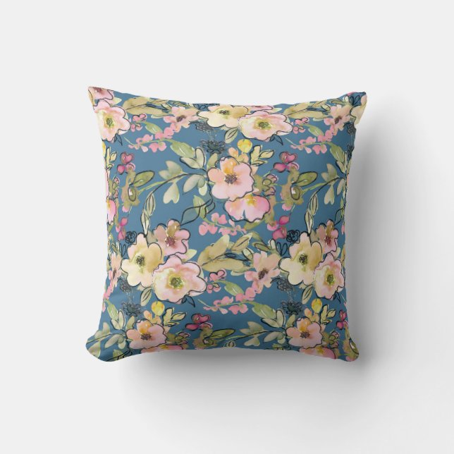 Blauw Kussen met Roze Bloemen Ontwerp (Voorkant)
