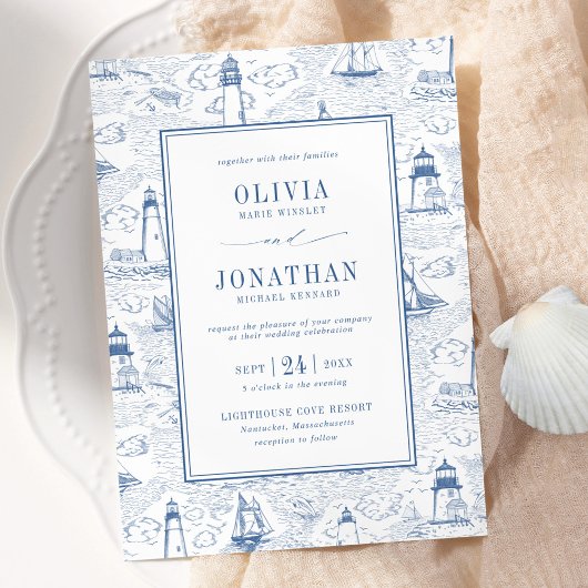 Blauw Kust Chic Vuurtoren Toile Bruiloft Kaart