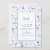 Blauw Kust Chic Vuurtoren Toile Bruiloft Kaart (Voorkant)