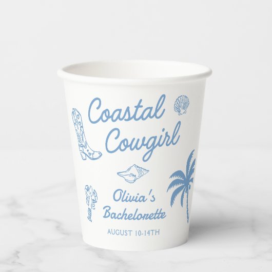 Blauw kust cowgirl vrijgezellenfeest papieren bekers (Voorkant)