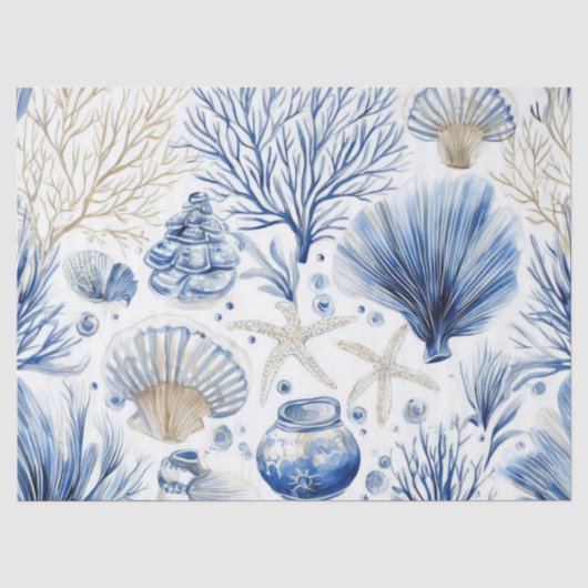 Blauw kust toile schelp koraal patroon (3) tissuepapier (Voorkant)