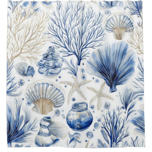 Blauw kust toile zeeschelp koraal patroon (2) douchegordijn (Voorkant)