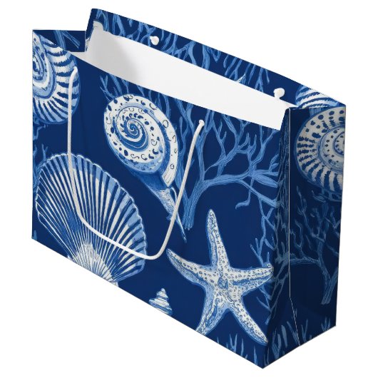 Blauw kust toile zeeschelp koraal patroon (2) groot cadeauzakje (Voorkant Gekanteld)