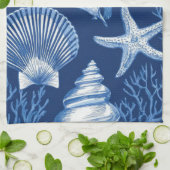Blauw kust toile zeeschelp koraal patroon (2) theedoek (Gevouwen)