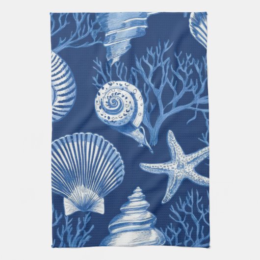 Blauw kust toile zeeschelp koraal patroon (2) theedoek (Verticaal)