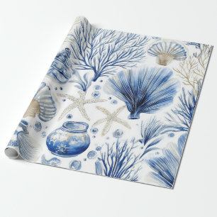 Blauw kust toile zeeschelp koraal patroon (3) cadeaupapier