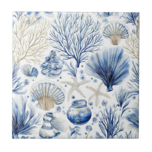 Blauw kust toile zeeschelp koraal patroon (3) tegeltje