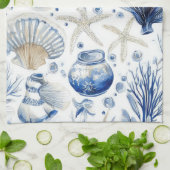Blauw kust toile zeeschelp koraal patroon (3) theedoek (Gevouwen)