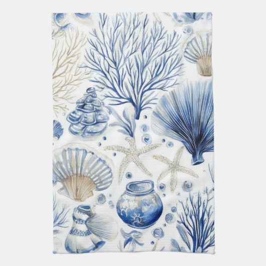 Blauw kust toile zeeschelp koraal patroon (3) theedoek (Verticaal)