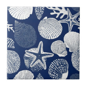 Blauw kust toile zeeschelp koraal patroon (4) tegeltje