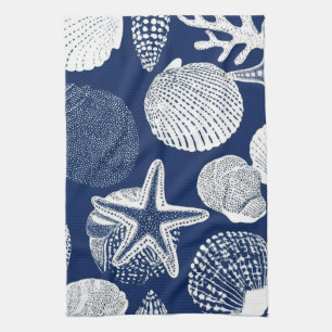 Blauw kust toile zeeschelp koraal patroon (4) theedoek