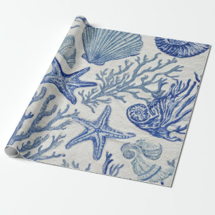 Blauw kust toile zeeschelp koraal patroon cadeaupapier