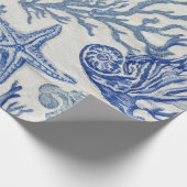 Blauw kust toile zeeschelp koraal patroon cadeaupapier (Hoek)