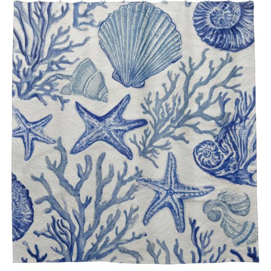 Blauw kust toile zeeschelp koraal patroon douchegordijn (Voorkant)