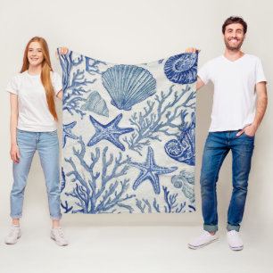 Blauw kust toile zeeschelp koraal patroon fleece deken
