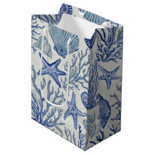 Blauw kust toile zeeschelp koraal patroon medium cadeauzakje