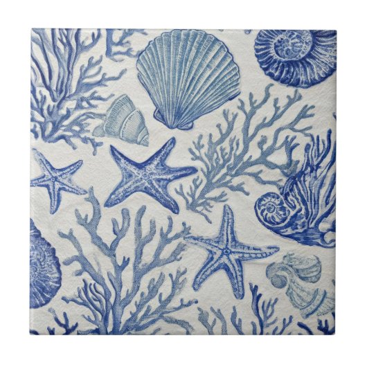 Blauw kust toile zeeschelp koraal patroon tegeltje (Voorkant)