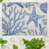 Blauw kust toile zeeschelp koraal patroon theedoek (Gevouwen)