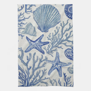 Blauw kust toile zeeschelp koraal patroon theedoek