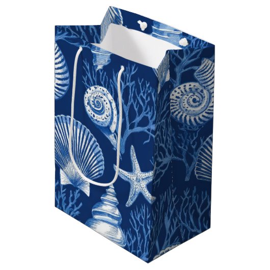 Blauw kust toile zeeschelp koraalpatroon (2) medium cadeauzakje (Voorkant Gekanteld)