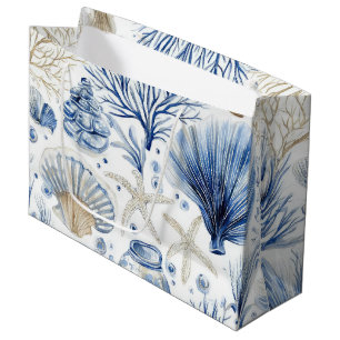 Blauw kust toile zeeschelp koraalpatroon (3) groot cadeauzakje