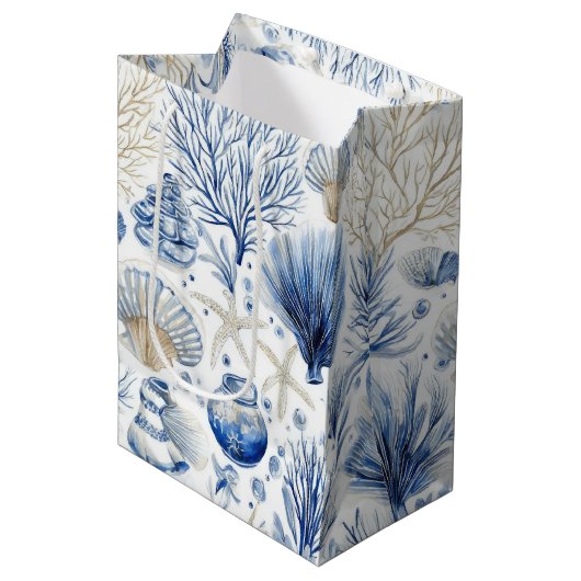 Blauw kust toile zeeschelp koraalpatroon (3) medium cadeauzakje (Voorkant Gekanteld)