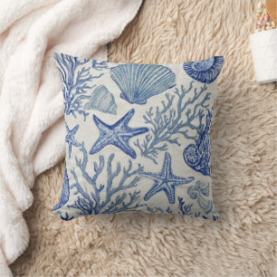 Blauw kust toile zeeschelp koraalpatroon kussen