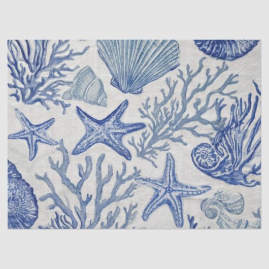 Blauw kust toile zeeschelp koraalpatroon tissuepapier (Voorkant)