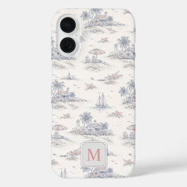 Blauw Kust Tropisch Frans Toile Monogram iPhone 16 Hoesje