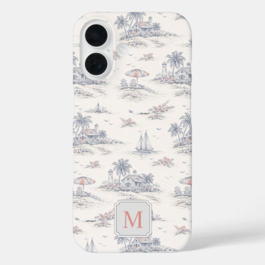 Blauw Kust Tropisch Frans Toile Monogram Case-Mate iPhone Case (Achterkant)