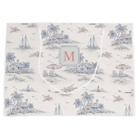 Blauw Kust Tropisch Frans Toile Monogram Groot Cadeauzakje (Voorkant)