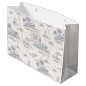 Blauw Kust Tropisch Frans Toile Monogram Groot Cadeauzakje (Achterkant Gekanteld)
