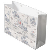 Blauw Kust Tropisch Frans Toile Monogram Groot Cadeauzakje (Voorkant Gekanteld)